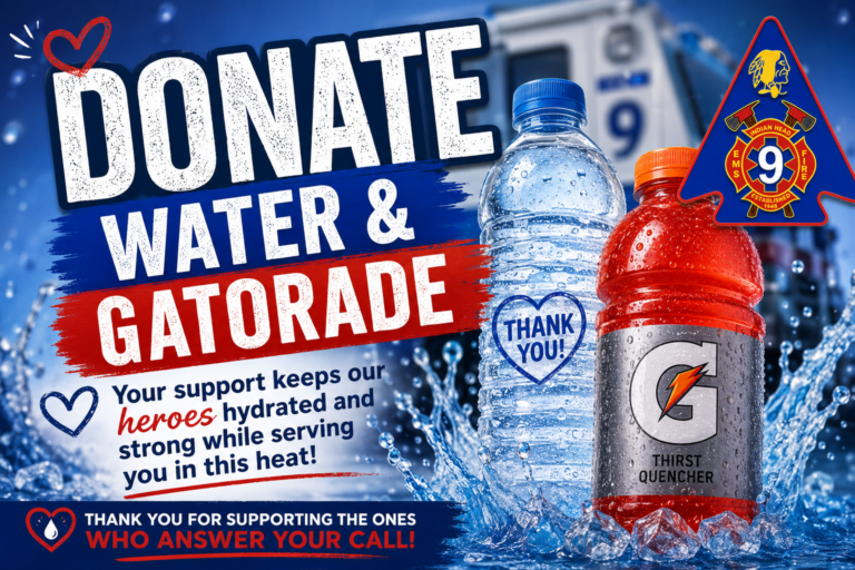 Two bottles, one water and one Gatorade, are splashed with water. Text urges donations of water and Gatorade to help heroes stay hydrated. Firefighter badge and messages of thanks are also shown.
