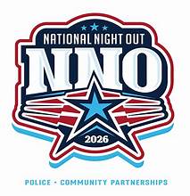 Logo for National Night Out 2026, featuring “NNO” in bold letters above a blue star with red and blue accents. Text below reads “POLICE • COMMUNITY PARTNERSHIPS.”.