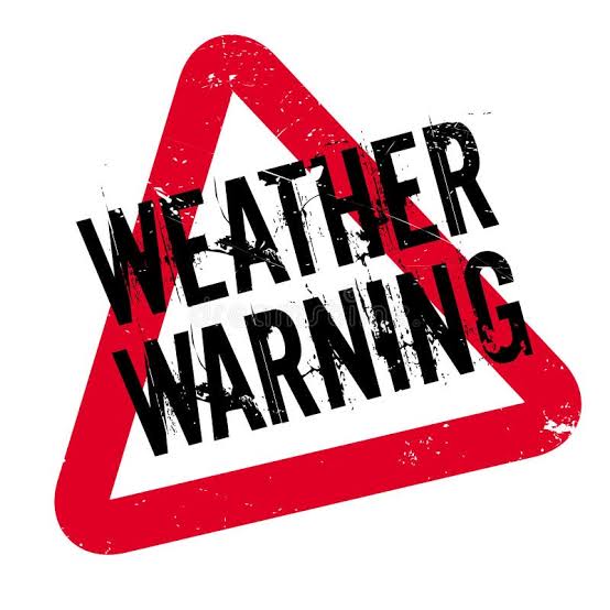 A red triangular warning sign with the words "Weather Warning" in bold, distressed black letters across it.